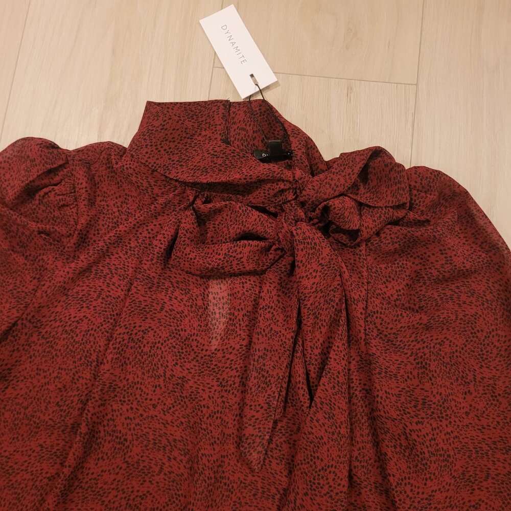 NWT DYNAMITE | Kaia Mock Neck Blouse w/ Bow Long Sleeve Top | Sz. S - Picture 8 of 13